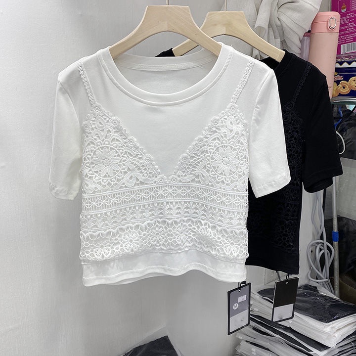 Áo thun tay ngắn cổ tròn thêu ren bằng cotton kiểu mùa hè 2022 thanh lịch cho nữ