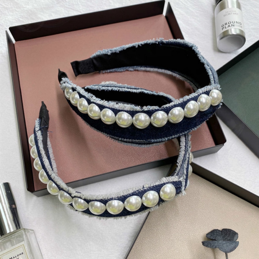 Cài Tóc Vải Denim Thắt Nút Đính Ngọc Trai Phong Cách Hàn Quốc