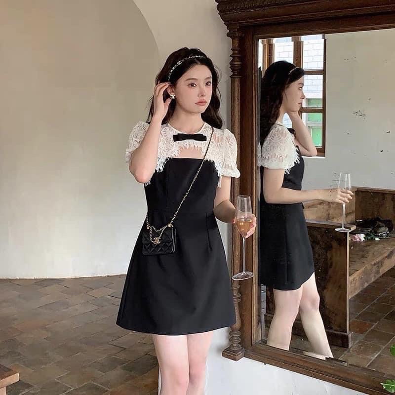 Váy dự tiệc gấm đen cách điệu ren tay nơ cổ DIDADRESS