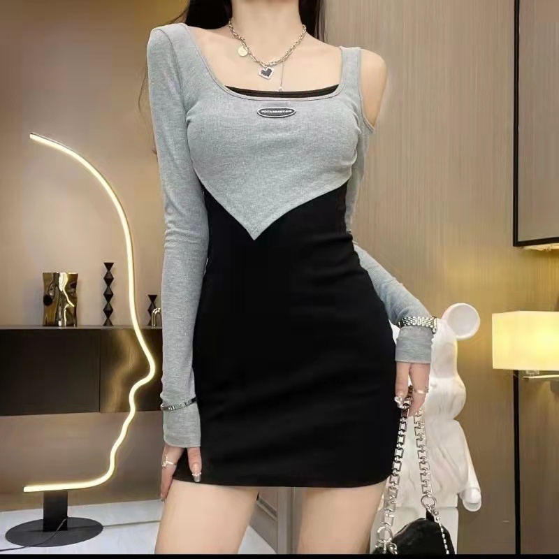 Đầm Tay Dài Cổ Tròn Màu Sắc Tương Phản Cho Phái Nữ