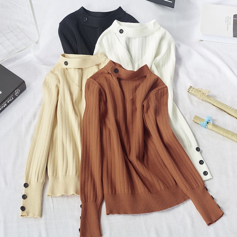 Áo Sweater dệt kim tay dài cổ chữ v thiết kế trẻ trung cá tính