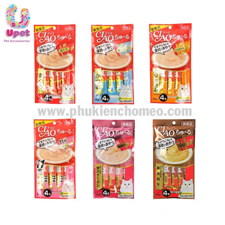 Súp/Thanh thưởng/ Đồ ăn thưởng/ Pate Ciao gói 12g, 14g,15g (4 thanh/ gói) nhiều vị thơm ngon bổ dưỡng cho mèo