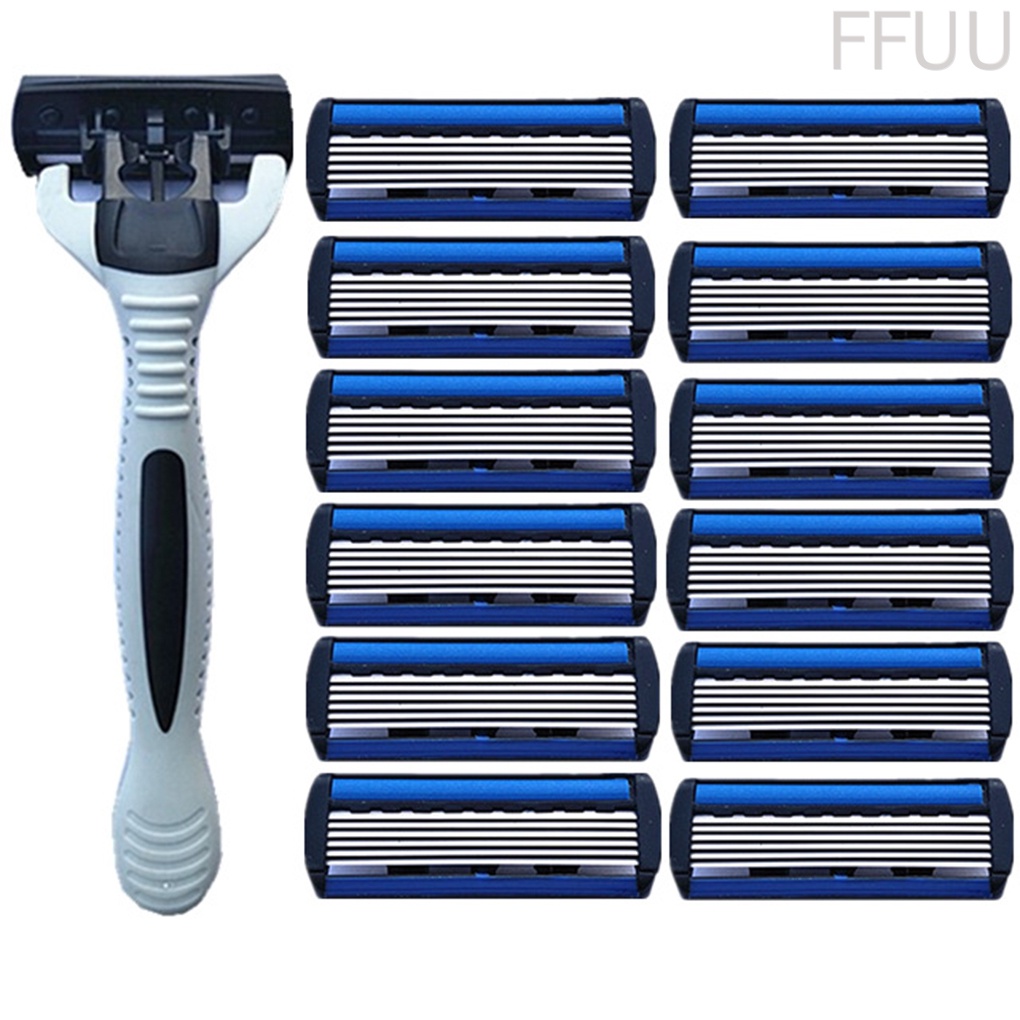 Bộ 12 lưỡi dao cạo râu 6 lớp bằng thép không gỉ màu trắng có tay cầm dành cho nam