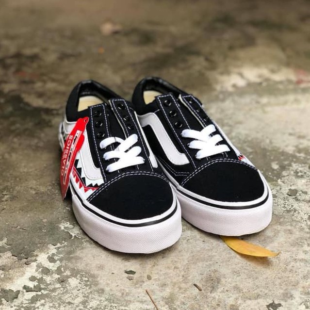 Giày thể thao V old skool Bape Shark, sneaker nam nữ thấp cổ buộc dây  họa tiết răng cá mập, chất liệu vải canvans