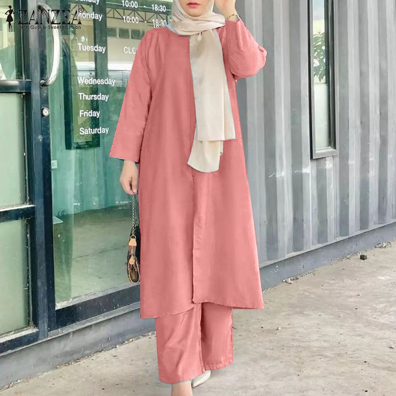 Bộ đồ Hồi Giáo ZANZEA dáng rộng cổ tròn tay dài xẻ tà màu trơn thời trang cho nữ