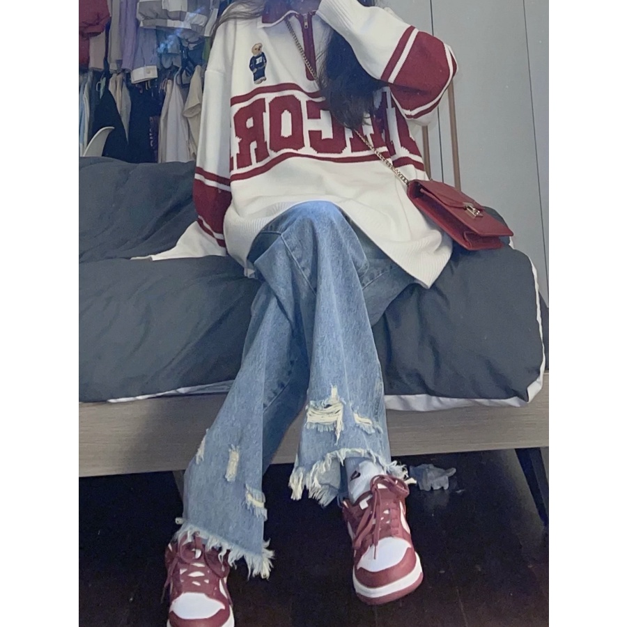 Quần Jean Lưng Cao Ống Suông Rộng Phối Rách Size Xs-2XL Phong Cách retro Mỹ Cho Nữ