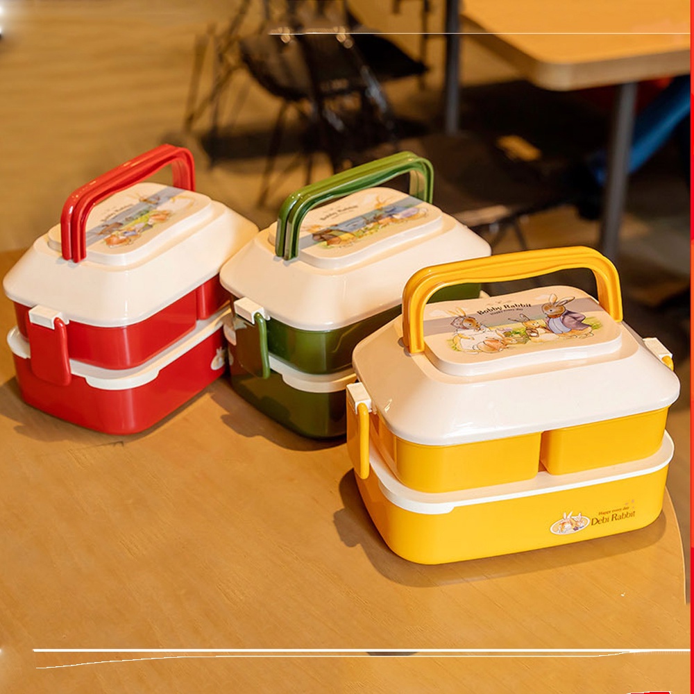 Hộp đựng cơm 2 tầng Debi kèm Thìa và dĩa nhỏ gọn tiện lợi có quai xách