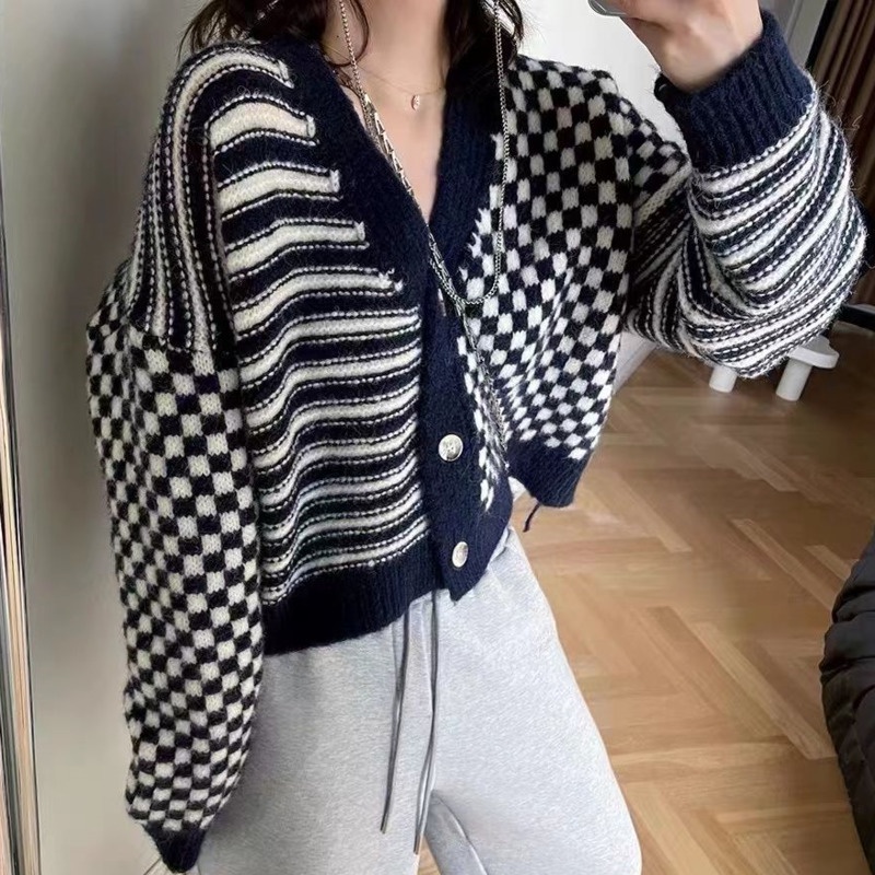 Áo Sweater Tay Dài Họa Tiết Sọc Caro Áo Khoác Dệt Kim Màu Sắc Tương Phản Thời Trang Mùa Thu Cho Nữ