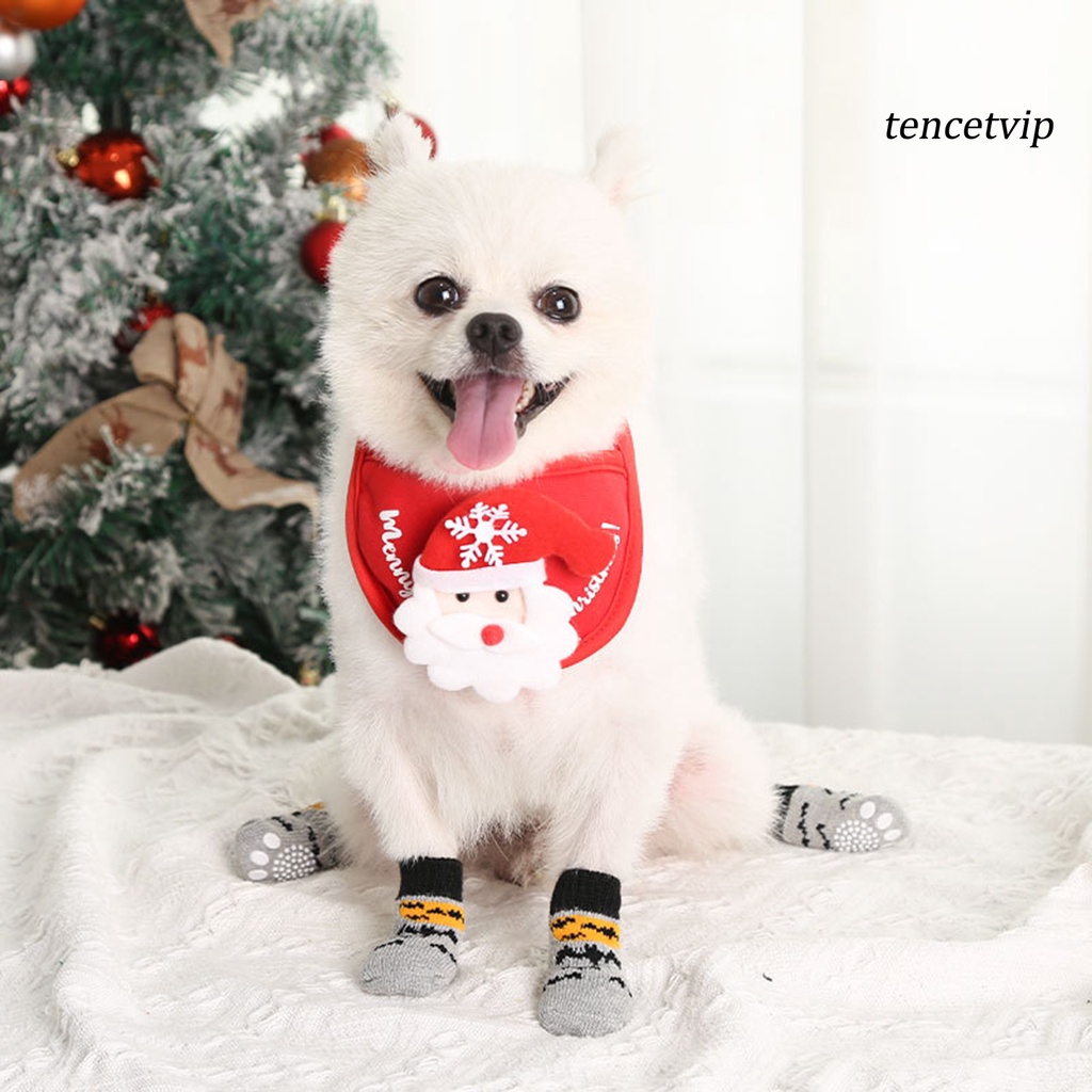 Bộ 4 Vớ Ngắn Co Giãn Tốt Chống Trầy In Họa Tiết Ông Già Noel Giáng Sinh Cho Thú Cưng