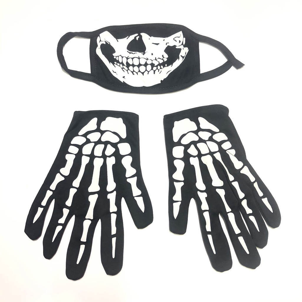 Khẩu trang, găng tay hình bộ xương hóa trang Halloween cho thanh thiếu niên và người lớn