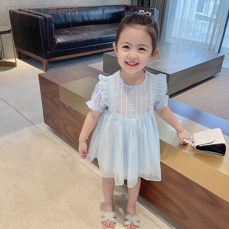 Đầm Công Chúa Tay Phồng Cổ Tròn Viền Ren Màu Trơn Kiểu Phương Tây Thời Trang Mùa Hè Cho Bé Gái