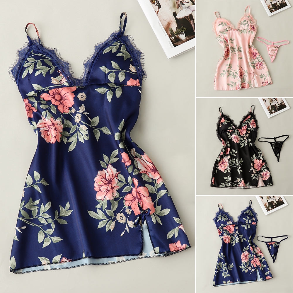 FUTURE Floral Summer Pajamas Sleepwear Silk Satin Sexy Lingerie Lace Robe Dress | BigBuy360 - bigbuy360.vn