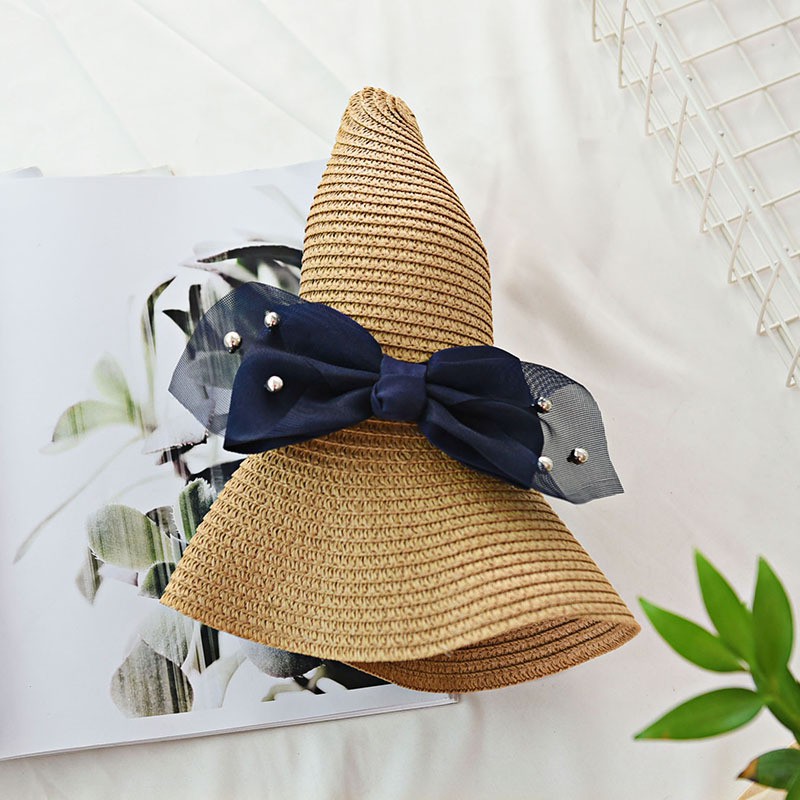 Nón đi biển lượn sóng thắt nơ lưới cói mềm gấp không bị mất dáng
