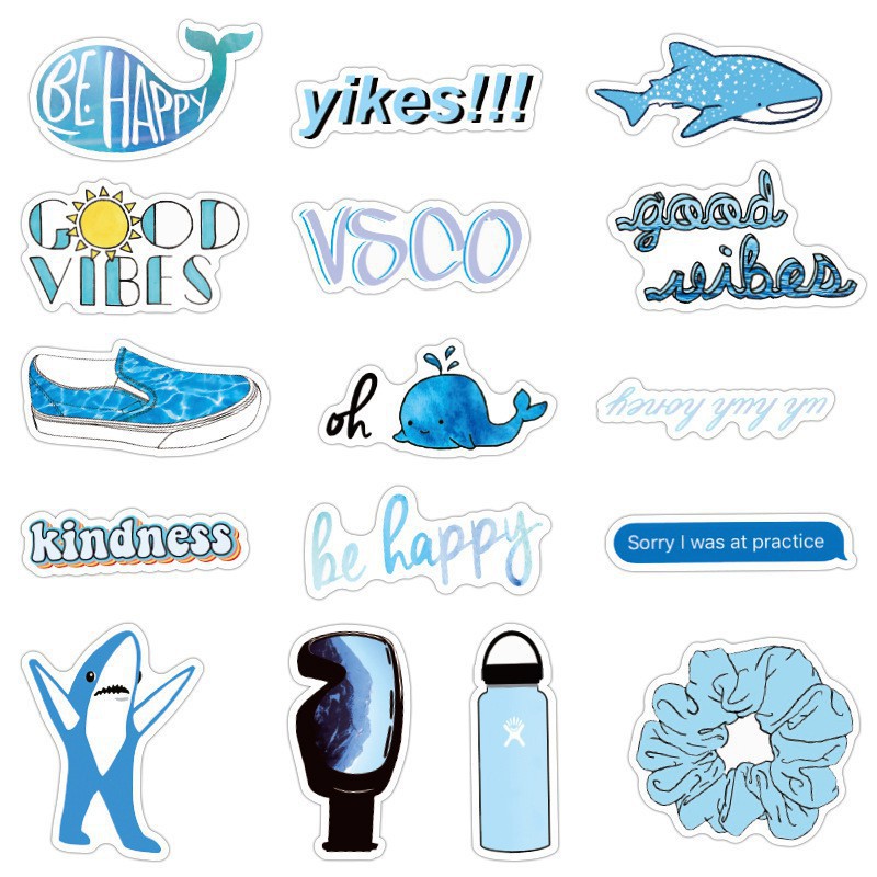 SET 50 MIẾNG STICKER XANH DƯƠNG BLUE CHỐNG NƯỚC DÁN NÓN BẢO HIỂM, LAPTOP, VALI, TỦ, BÀN HỌC, XE MÁY