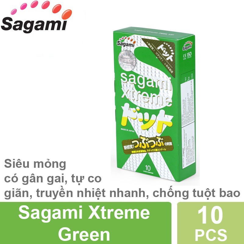 Bao Cao Su Sagami Xtreme Green - Siêu mỏng, có gân gai, tự co giãn, tăng cảm xúc (Hộp 10 Cái)