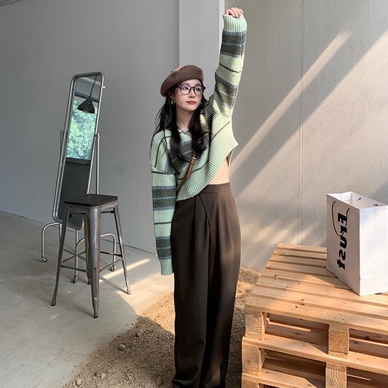 Áo len ZHELIHANGFEI dáng rộng tay dài họa tiết sọc dễ phối đồ thời trang