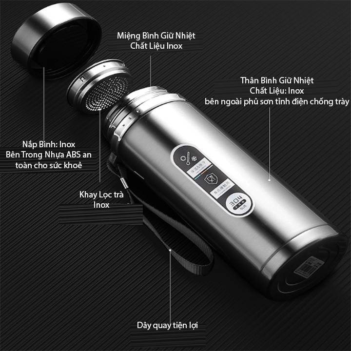 Bình giữ nhiệt inox 304 dung tích 1000ml, bình nước có quai cầm giữ nóng lạnh nhiều giờ 2 lớp cách nhiệt Angola