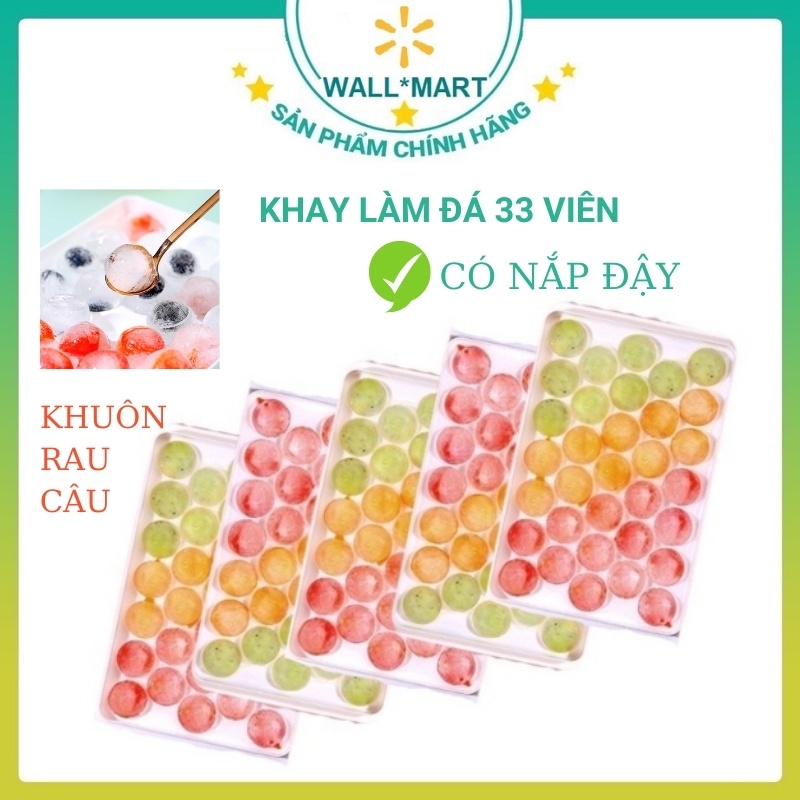 Khay làm đá tròn tủ lạnh 33 viên, khuôn làm đá làm thạch rau câu có nắp đậy thông minh hình bi