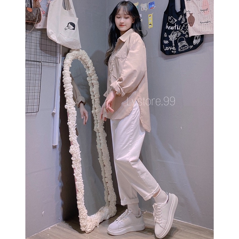 [Mã FAMARAL1 giảm 10K đơn 50K] (Hình shop tự chụp) Áo sơmi nâu vạt bầu + quần baggy trắng | BigBuy360 - bigbuy360.vn