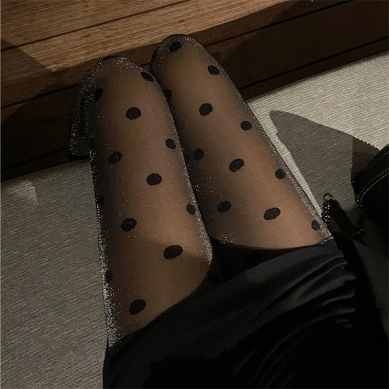 Quần tất lưới họa tiết chấm bi màu đen quyến rũ cho nữ