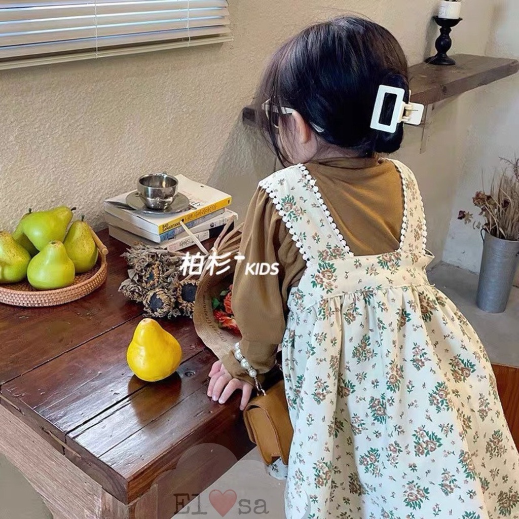 Váy bé gái dài tay yếm hoa nhung tăm và áo thun cổ 3p 2 mầu Nâu/Xanh, áo rời váy yếm XHN1080