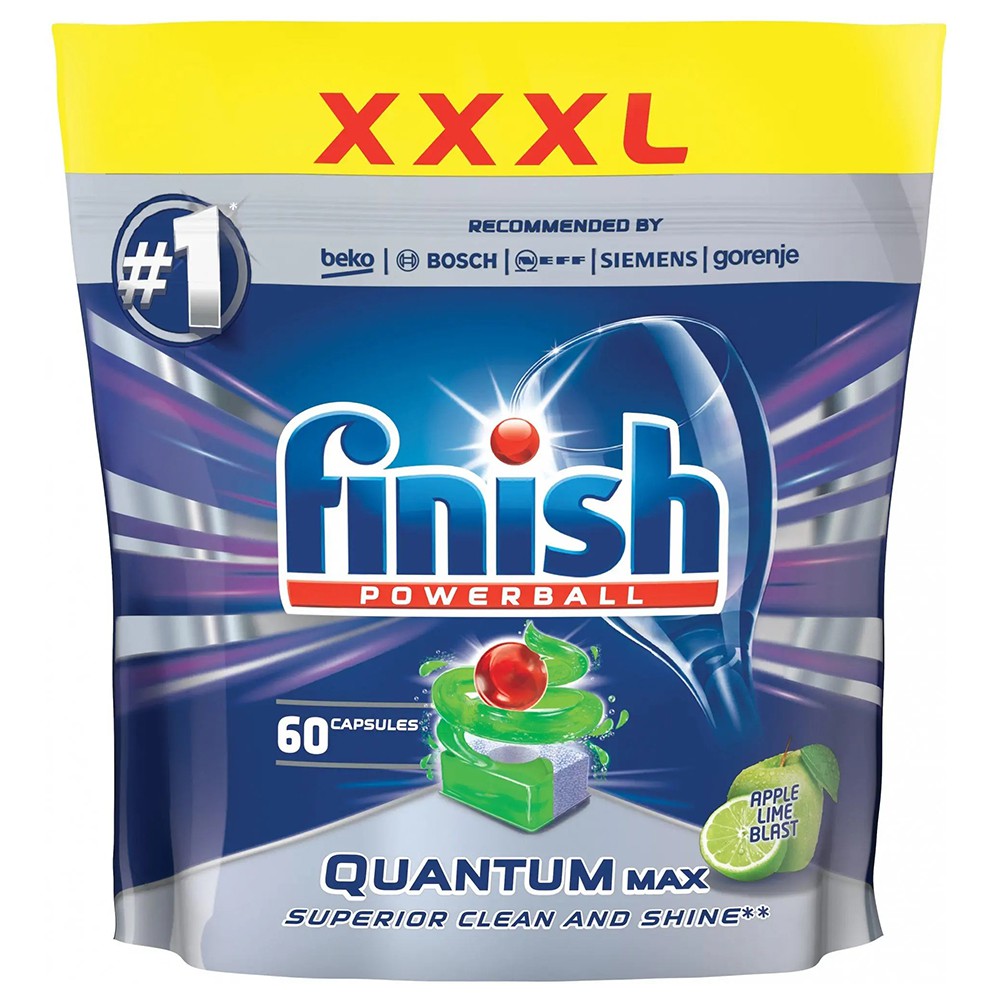 Túi 60 viên rửa chén Finish Quantum Max Dishwasher Tablets Apple Lime Blast - hương chanh, táo