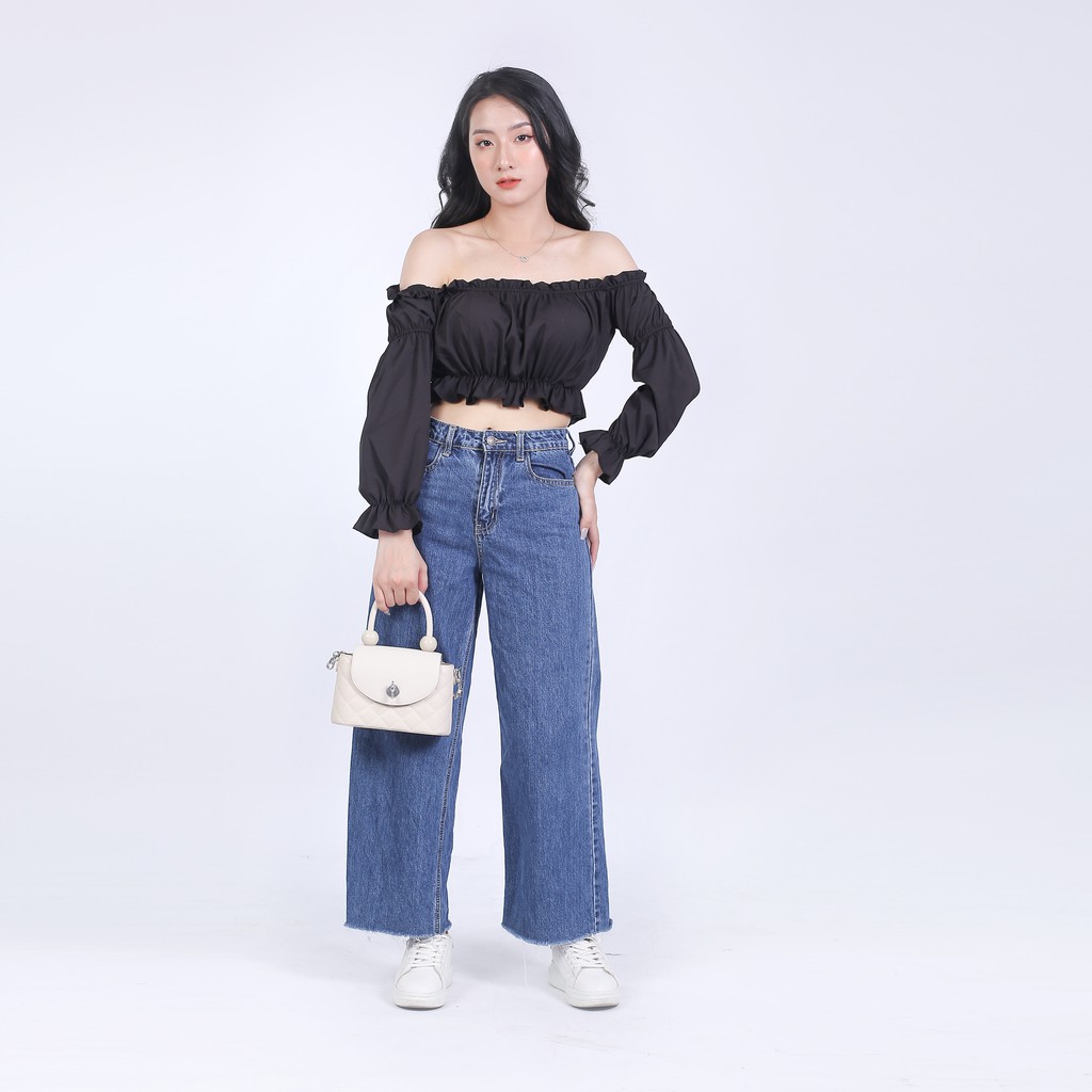 Áo trễ vai croptop tay dài chất dày dặn, Áo hở vai nữ quây ngực kiểu dáng ulzzang Hàn Quốc C57 - MaoMao