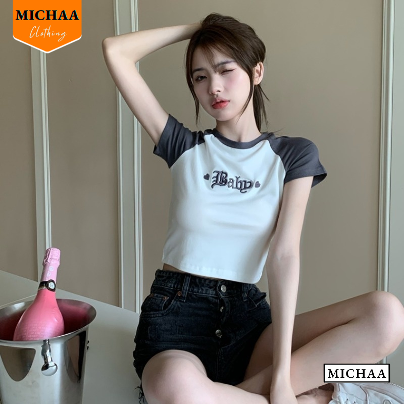 Áo Croptop Ôm Body Nữ BABY THÊU Cổ Tròn Tay Ngắn, Áo Thun Croptop Kiểu Thêu Họa Tiết MICHAA CR85