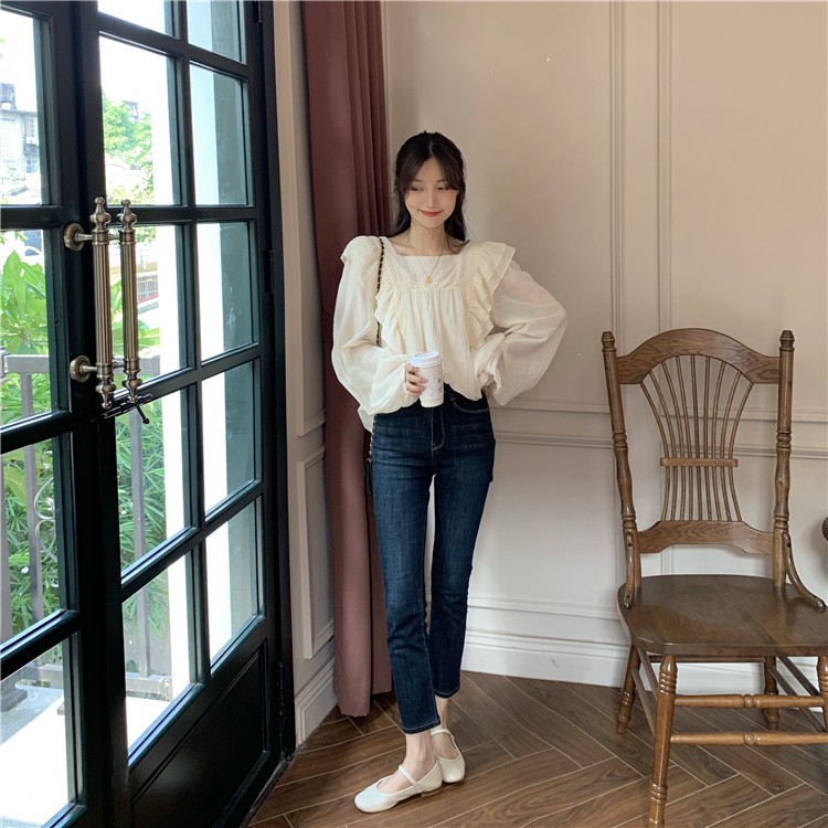 Áo sơ mi nữ voan tay phồng phối bèo vai cánh tiên điệu đà vintage Hàn Quốc