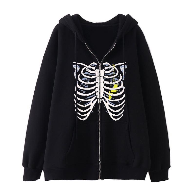 Áo Hoodie Có Khóa Kéo In Hình Bộ Xương Độc Đáo Y2K 90s Dành Cho Nữ
