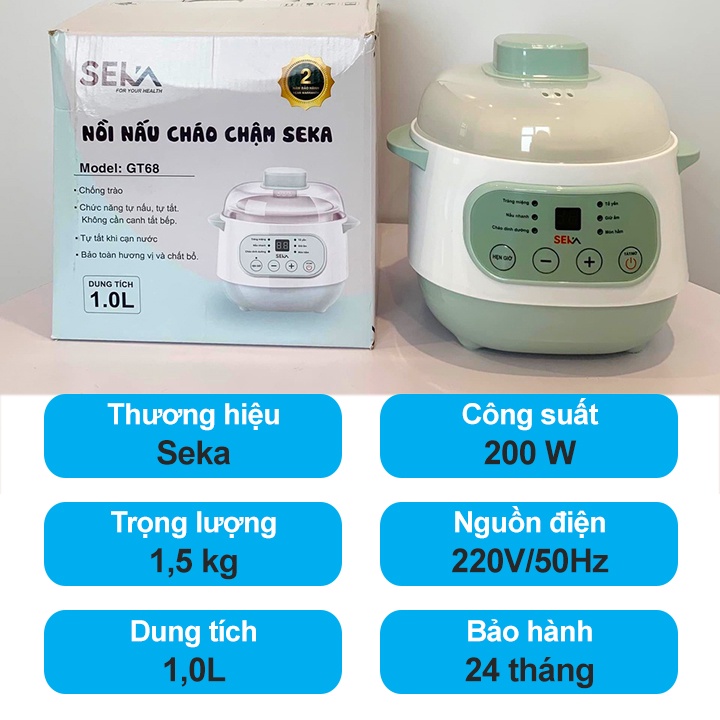 Nồi Hầm, Nấu Cháo Chậm Hẹn Giờ Thông Minh Seka, Cách Thủy 4 in 1 - Nồi Chưng Yến Cực Kì Tiện Lợi Lõi Sứ, Dung Tích 1L-2L