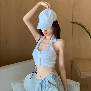 d❃♪Women Halter Lapel Knit Backless Buttons Sleeveless Summer Thin Top