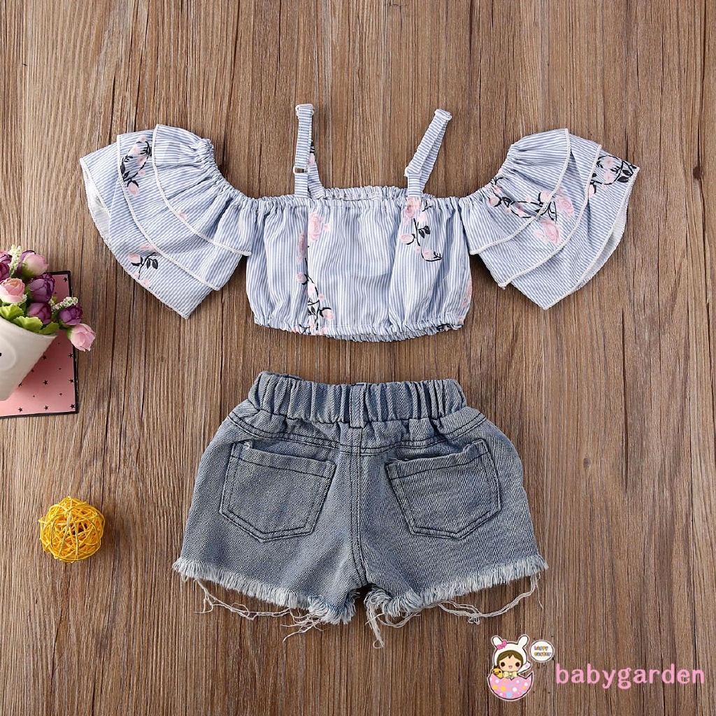 Set Áo Thun Tay Ngắn &amp; Quần Short Denim Cho Bé Gái