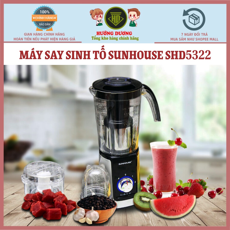 Máy say đa năng, Máy Xay Sinh Tố Đa Năng SUNHOUSE SHD5322, 3 Cối Xay Tiện Lợi, An Toàn Bền Bỉ