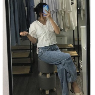 [Ảnh/video thật] Áo sơ mi croptop basic nhấn ren ngực ་
