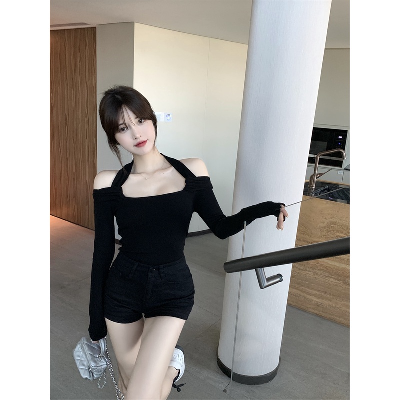 Áo Thun Tay Dài Dáng Ôm Hở Vai Thời Trang Quyến Rũ Cho Nữ