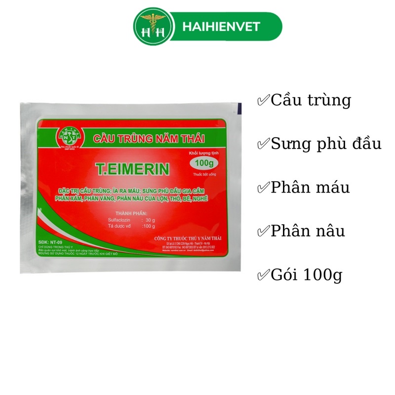 Cầu Trùng Năm Thái 100g - T.EIMERIN - sưng phù đầu, phân xám, phân nâu, phân vàng thỏ, heo, bê, nghé, gia cầm
