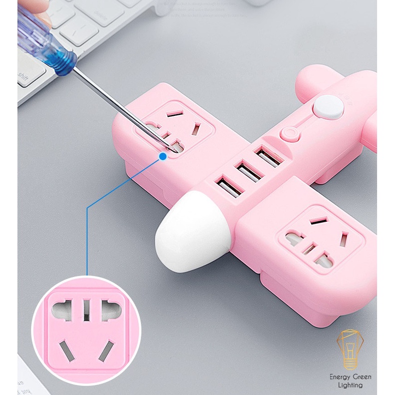 Ổ Cắm Điện Thông Minh Energy Green Lighting  Hình Máy Bay Có Đèn Ngủ Chuyển Đổi Đa Chức Năng - Có Đầu Cắm USB