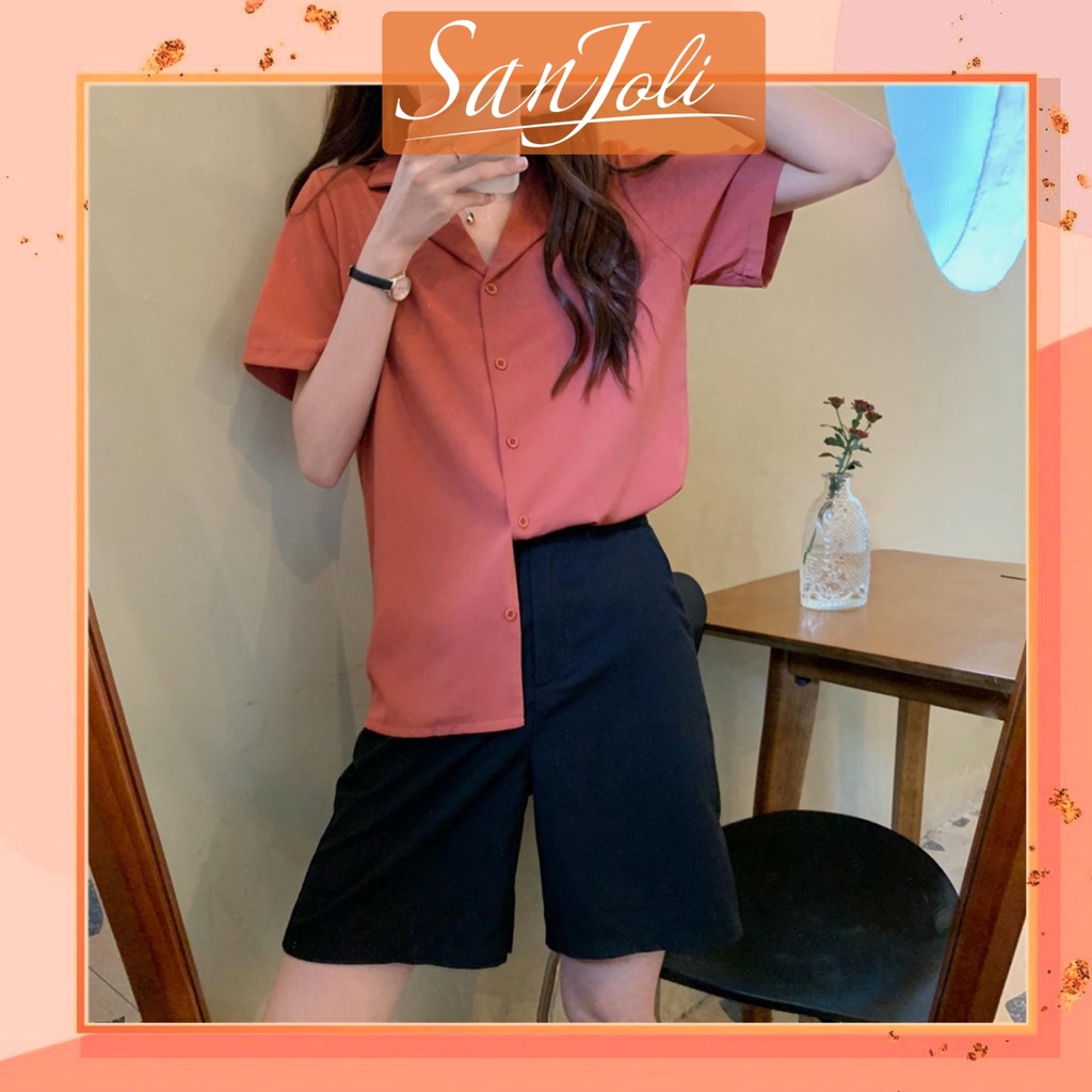 Áo Sơ Mi Nữ Tay Ngắn SanJoli Áo sơ mi Công sở nữ Form rộng đẹp Hàn Quốc chất lụa Kiểu cách nhiều màu AO005
