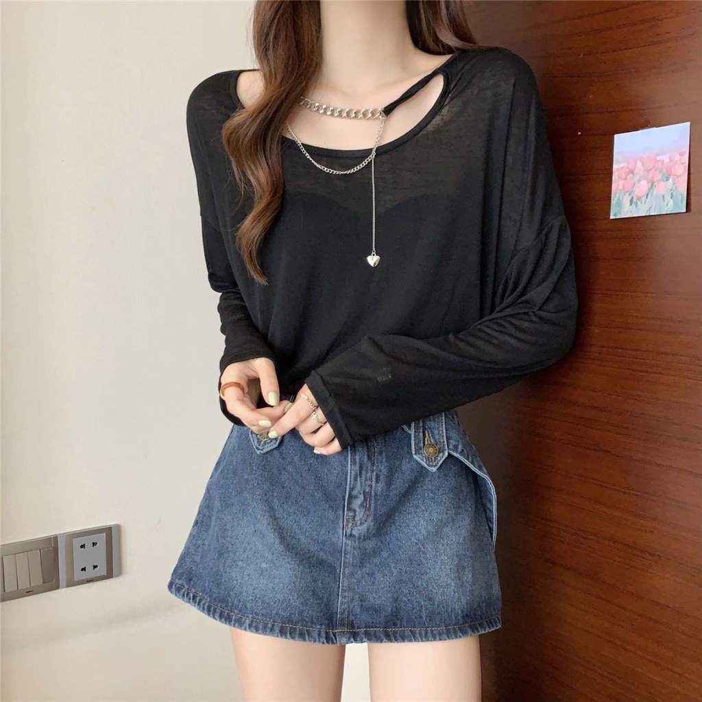Áo Thun Dài Tay Dáng Rộng Chống Nắng Thiết Kế Lỗ Rỗng Phối Dây Xích Thời Trang Mùa Hè Hàng Mới Dành Cho Nữ 2022