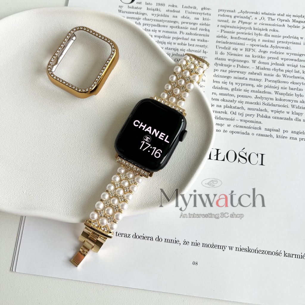 Dây Đeo Đồng Hồ Bằng Kim Loại Đính Đá Và Ngọc Trai Sang Trọng Cho Apple watch serise 7 6 5 4 SE 3 2 1 45mm 41mm 40mm 44mm 42mm 38mm