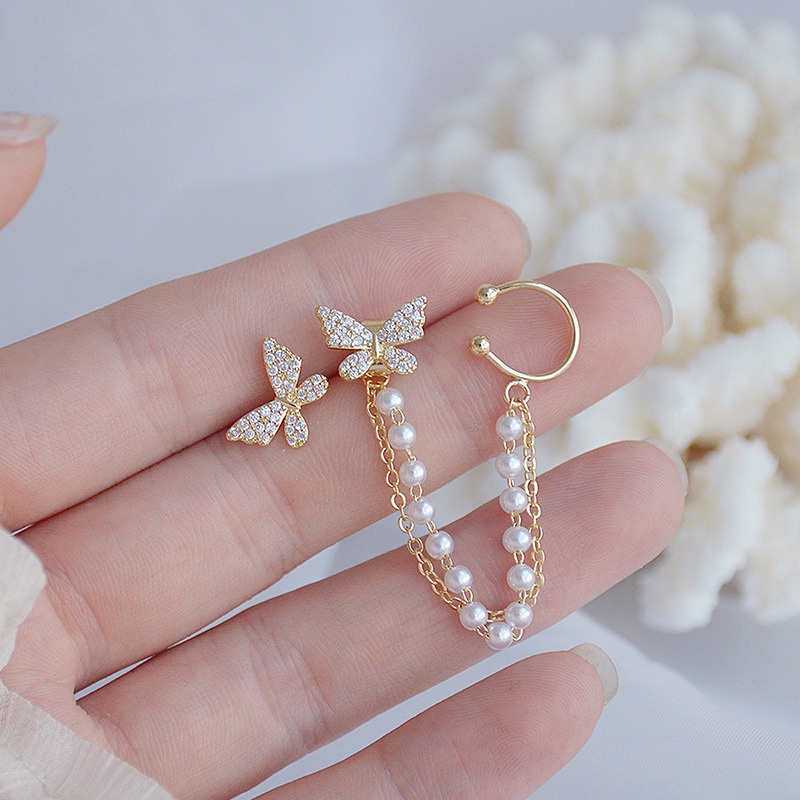 Bông tai hình bướm đính đá phối chuỗi ngọc trai giả phong cách dễ thương cho nữ