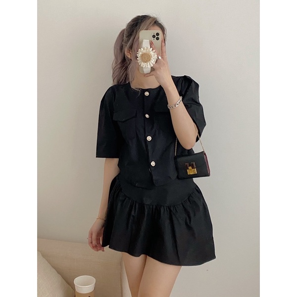 Set áo cổ tròn tay bồng mix chân váy đuôi cá