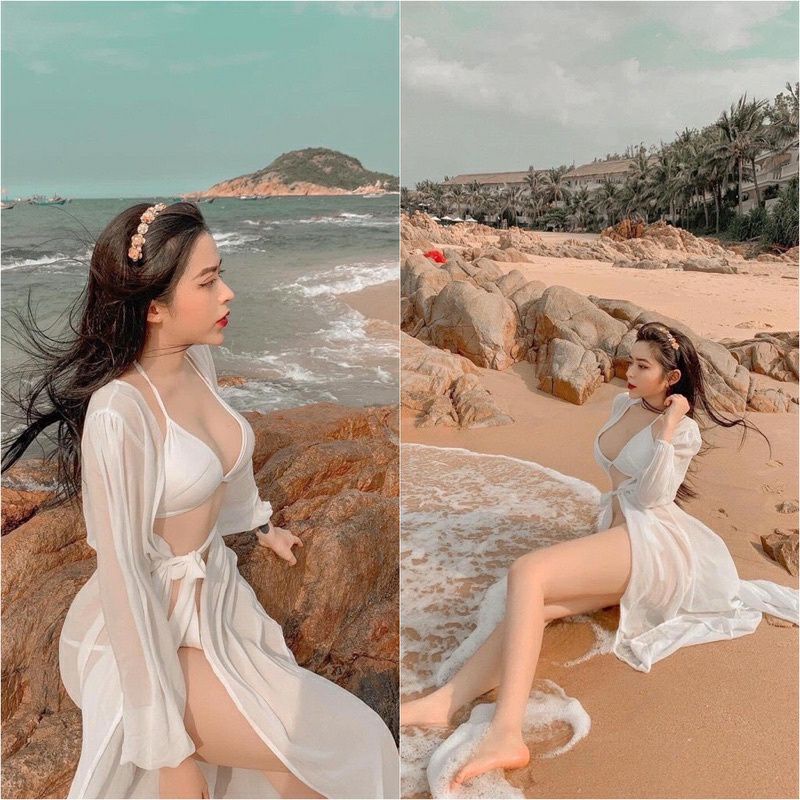 Áo khoát kimono chất liệu voan đi biển dáng dài