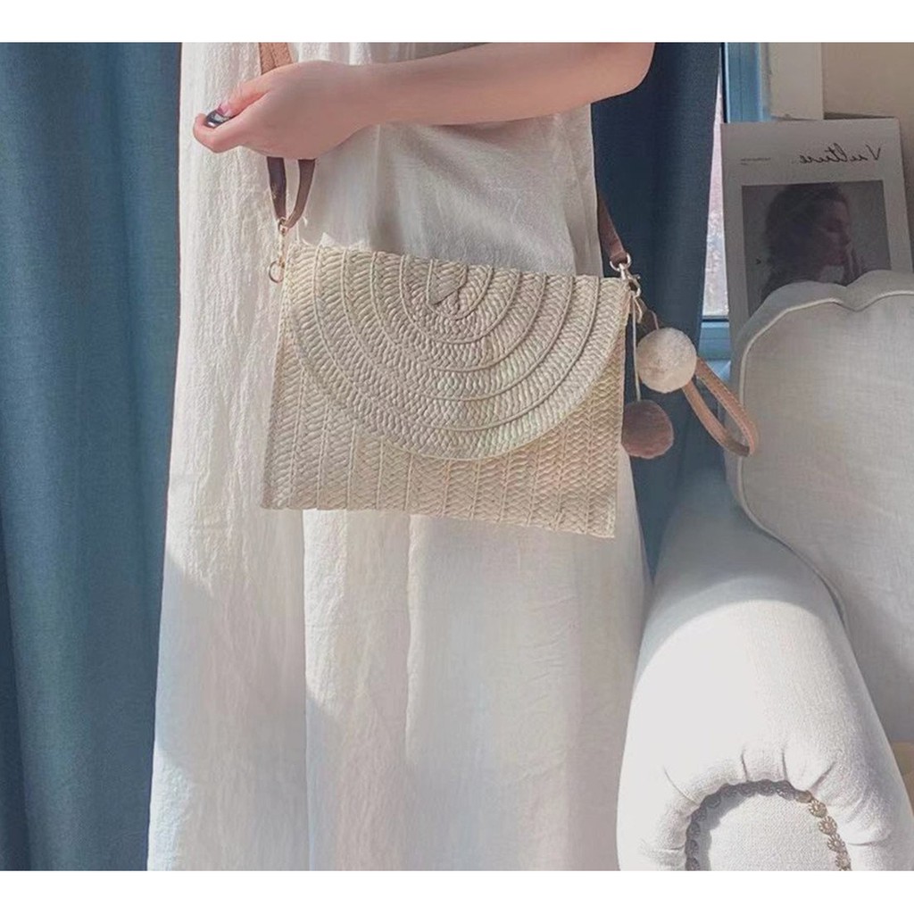 [NowShip - Giao Ngay] Túi Cói Boho Vintage Đeo Vai, Đeo Chéo Hình Vuông Chữ Nhật Dây Da Màu Nâu Be Trơn