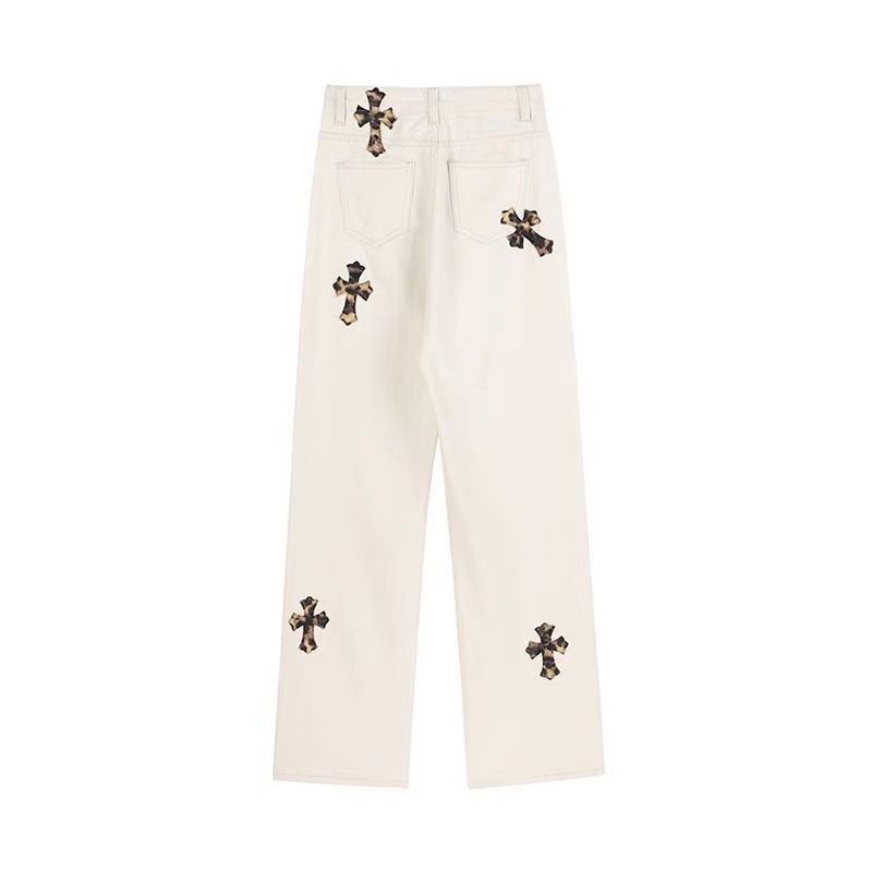 2023 Quần jean ống rộng thẳng lưng cao hoạ tiết thánh giá phong cách đường phố mùa thu cho nữ