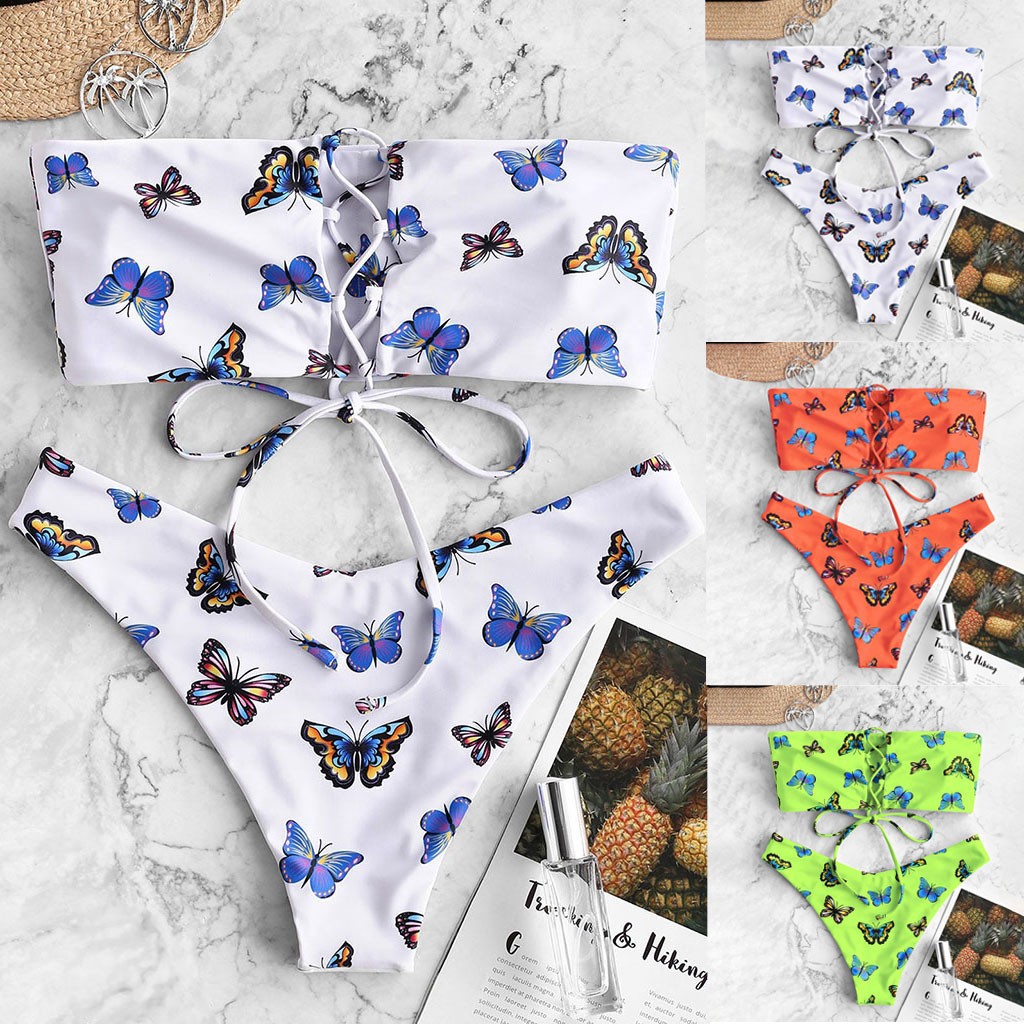 Bộ bikini bơi tắm biển in hình bướm có mút độn | BigBuy360 - bigbuy360.vn