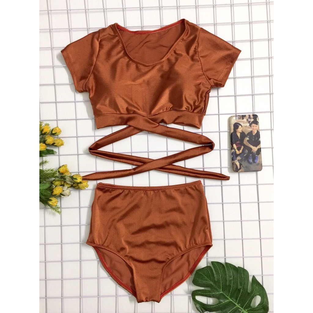 Bikini bộ bơi đồ bơi nữ áo tay lửng nơ ngực quần lưng cao phong cách Hàn Quốc EVA TLHQ