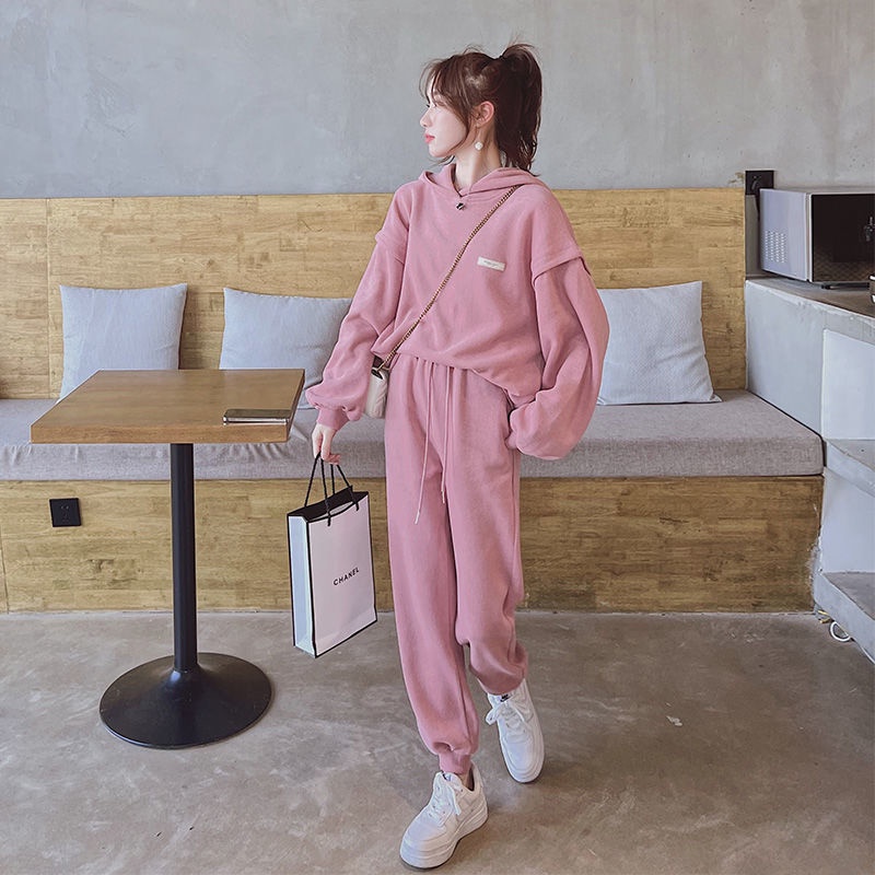 Set áo sweater + quần dài màu trơn thiết kế thời trang phong cách thể thao có bán lẻ