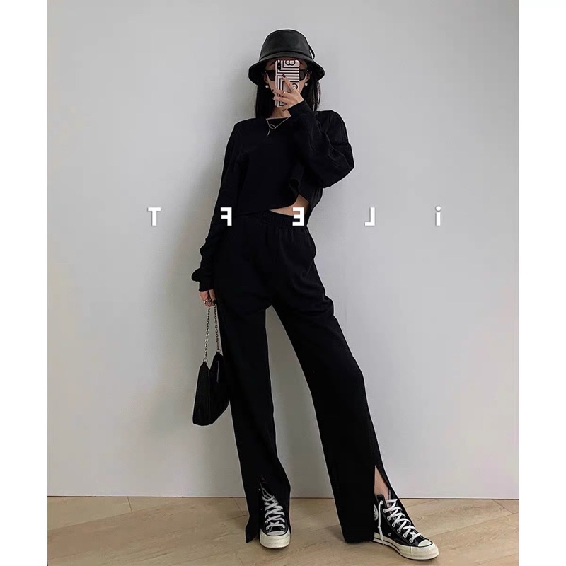 set 2 món cotton da cá : quần dài xẻ cả tính &amp; áo croptop basic